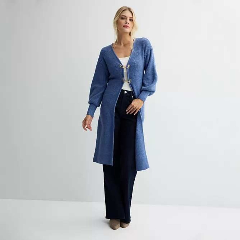 Intempo Blue Ribbed Longline Duster Cardigan Gold Toggle Closure Small NWT